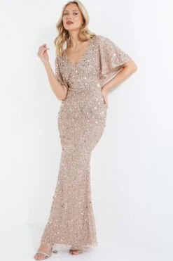 Taupe Sequin Batwing Maxi Dress -Women Clothing Sales Store 00100037505 XS