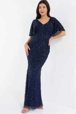 Navy Sequin Batwing Maxi Dress -Women Clothing Sales Store 00100037506 XM