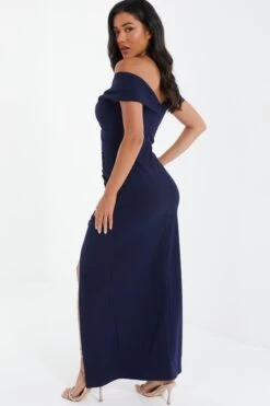 Navy Ruched Bardot Maxi Dress 8 Navy Ruched Bardot Maxi Dress -Women Clothing Sales Store 00100037580 XB