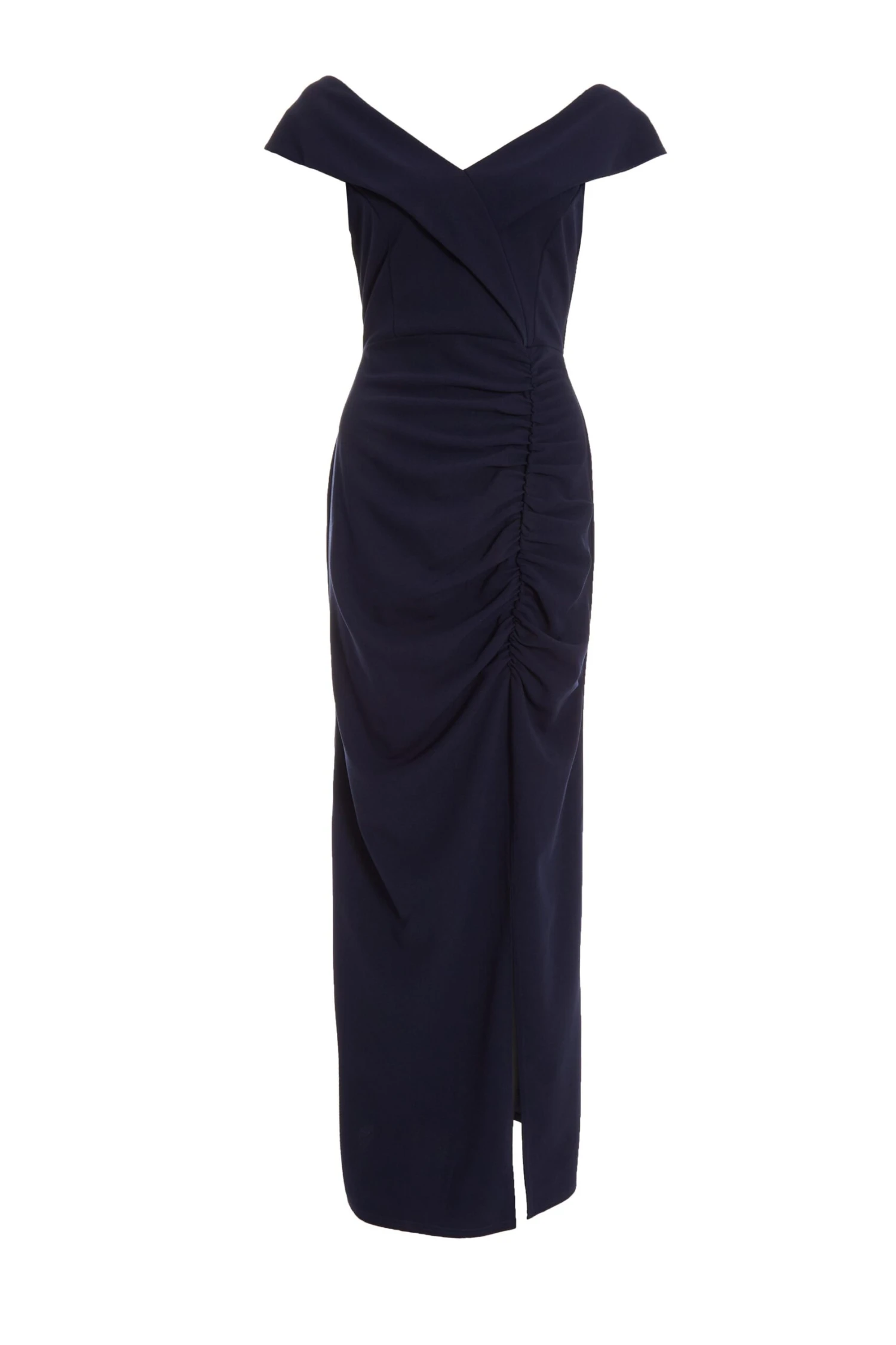 Navy Ruched Bardot Maxi Dress 1 Navy Ruched Bardot Maxi Dress