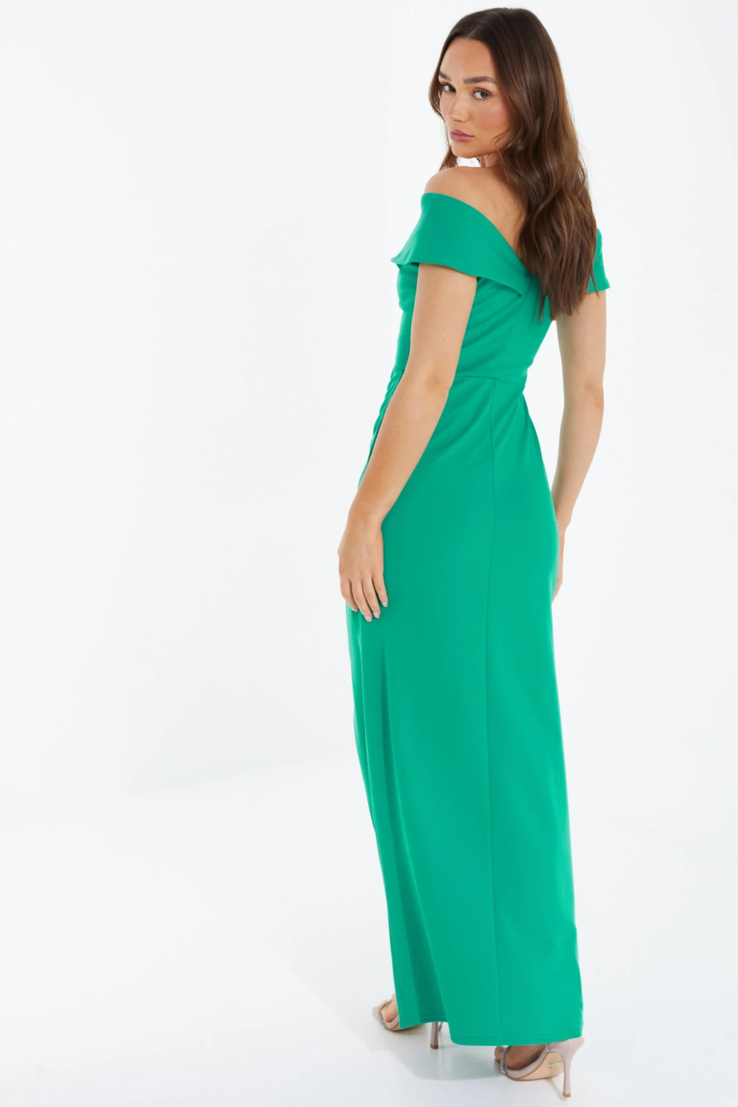 Green Ruched Bardot Maxi Dress 3 Green Ruched Bardot Maxi Dress - Image 3