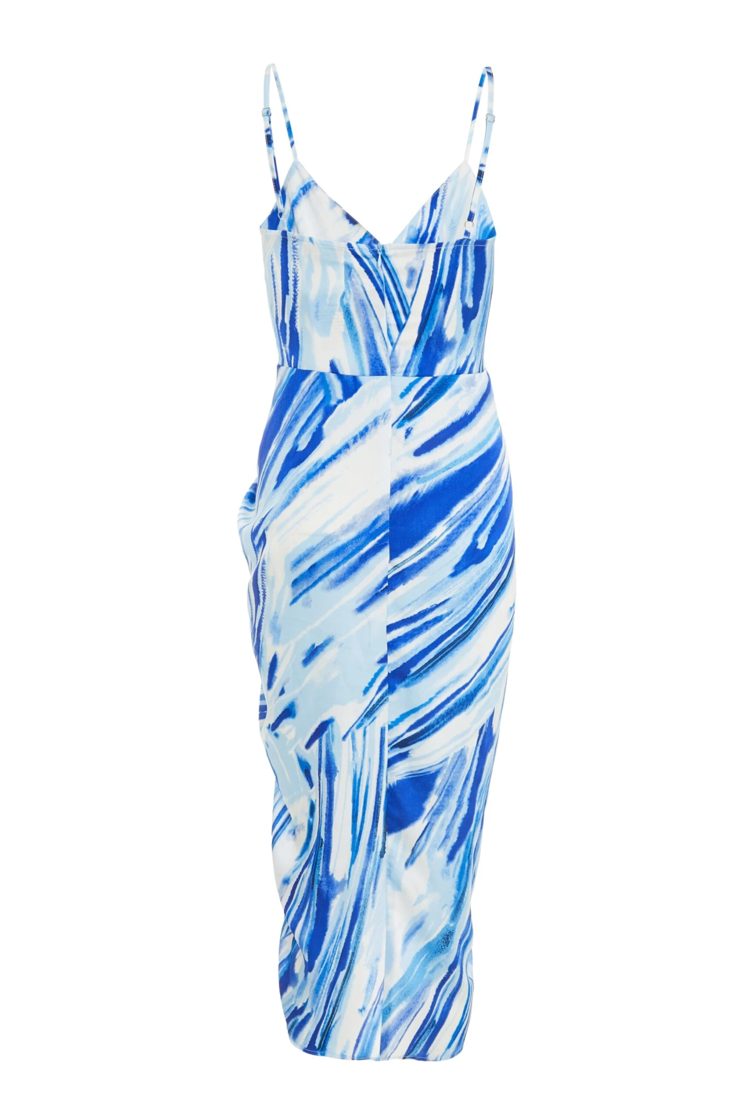 Blue Satin Brush Stroke Ruched Midi Dress 5 Blue Satin Brush Stroke Ruched Midi Dress - Image 5