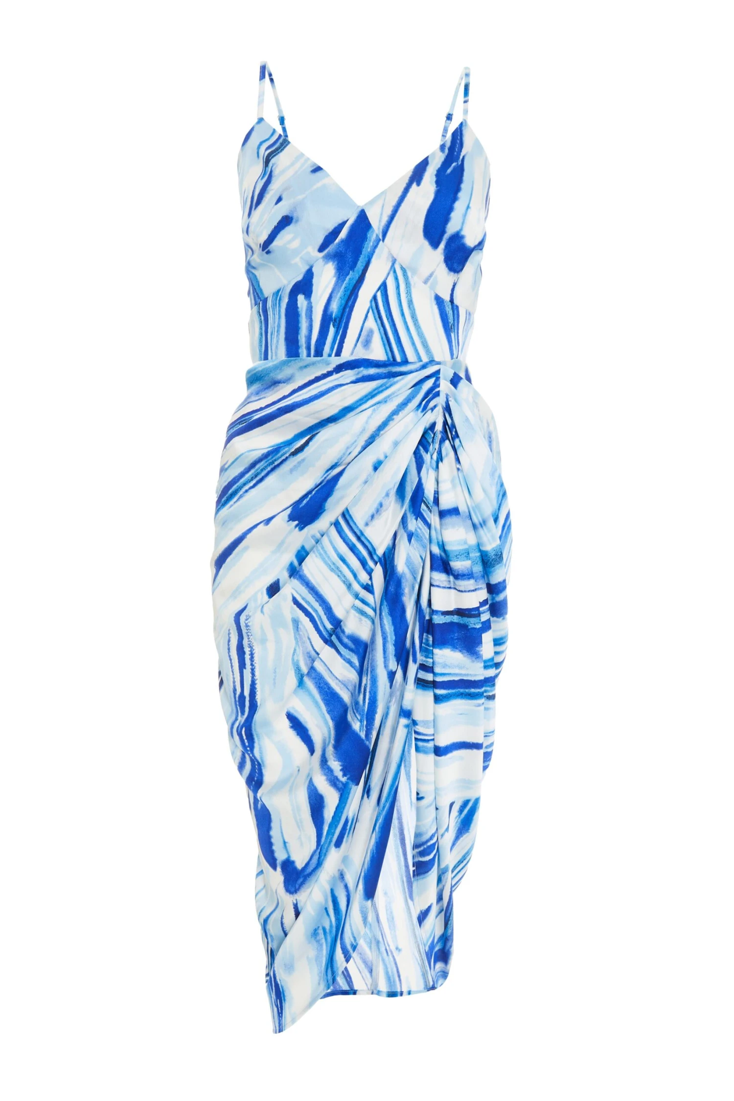 Blue Satin Brush Stroke Ruched Midi Dress 1 Blue Satin Brush Stroke Ruched Midi Dress