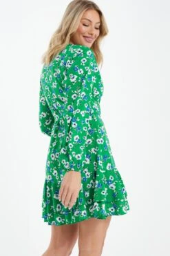 Green Floral Print Skater Mini Dress 8 Green Floral Print Skater Mini Dress -Women Clothing Sales Store 00100037629 XB