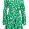Green Floral Print Skater Mini Dress -Women Clothing Sales Store 00100037629 ZM