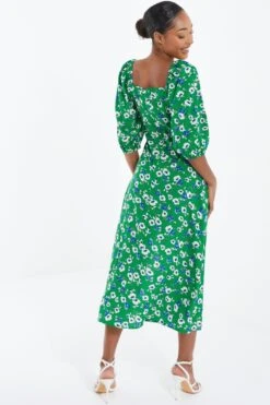 Green Floral Print Ruched Midi Dress -Women Clothing Sales Store 00100037630 XB