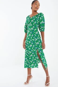 Green Floral Print Ruched Midi Dress -Women Clothing Sales Store 00100037630 XS