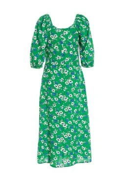 Green Floral Print Ruched Midi Dress -Women Clothing Sales Store 00100037630 ZB