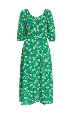 Green Floral Print Ruched Midi Dress