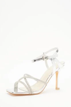 Wide Fit Silver Metallic Heeled Sandals -Women Clothing Sales Store 00100037651 XB