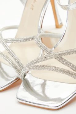 Wide Fit Silver Metallic Heeled Sandals -Women Clothing Sales Store 00100037651 ZB