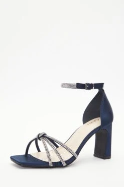 Wide Fit Navy Satin Diamante Heeled Sandals -Women Clothing Sales Store 00100037667 XB