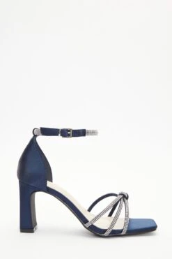 Wide Fit Navy Satin Diamante Heeled Sandals -Women Clothing Sales Store 00100037667 XM