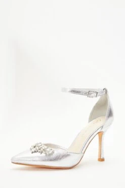 Wide Fit Silver Foil Diamante Court Heels -Women Clothing Sales Store 00100037671 XB