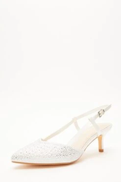 Wide Fit White Diamante Slingback Court Heels -Women Clothing Sales Store 00100037678 XB