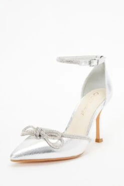 Wide Fit Silver Diamante Bow Court Heels -Women Clothing Sales Store 00100037680 XB