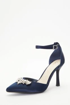 Wide Fit Navy Satin Diamante Court Heels -Women Clothing Sales Store 00100037683 XB