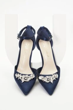Wide Fit Navy Satin Diamante Court Heels -Women Clothing Sales Store 00100037683 XS