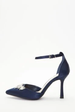 Wide Fit Navy Satin Diamante Court Heels