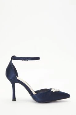 Wide Fit Navy Satin Diamante Court Heels -Women Clothing Sales Store 00100037683 ZS