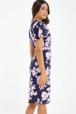 Petite Navy Floral Wrap Midi Dress -Women Clothing Sales Store 00100037688 XB