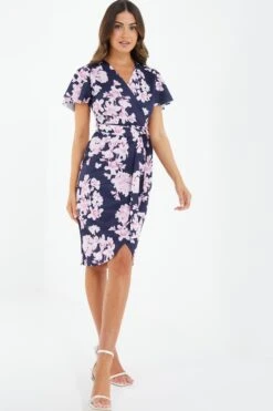 Petite Navy Floral Wrap Midi Dress -Women Clothing Sales Store 00100037688 XS