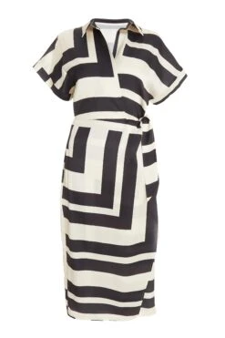 Stone Satin Stripe Print Midi Shirt Dress