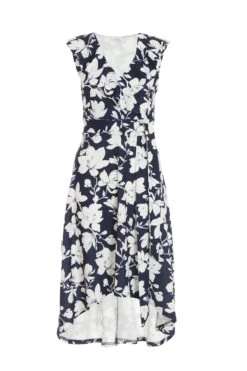 Petite Navy Floral Dip Hem Midi Dress