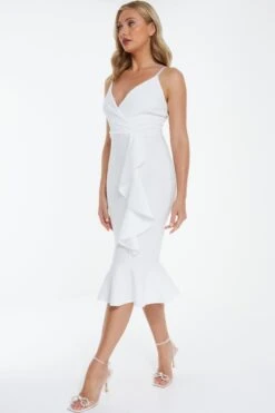 White Jacquard Frill Detail Midi Dress -Women Clothing Sales Store 00100037817 XS