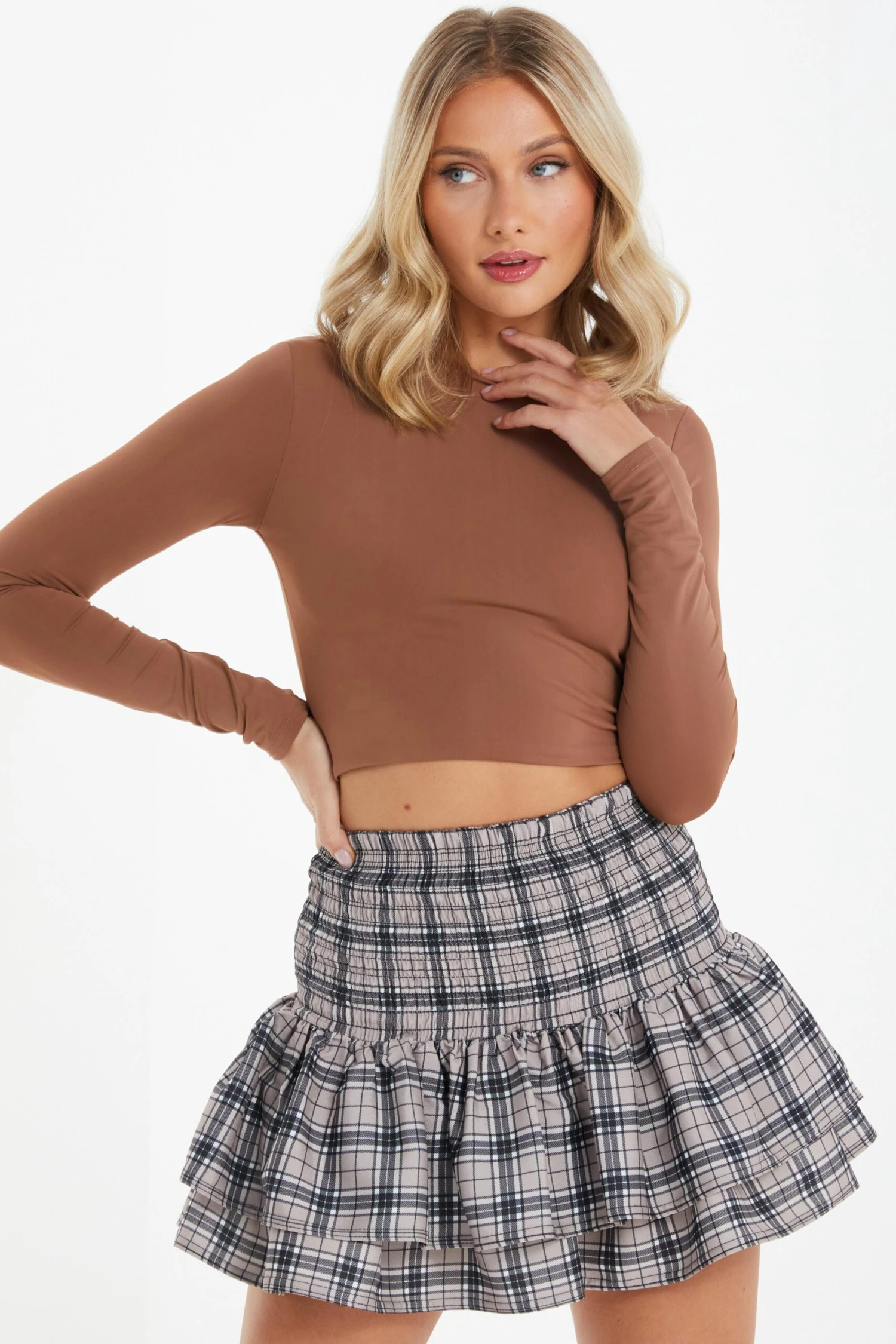 Stone Check Print Ruched Frill Mini Skirt 2 Stone Check Print Ruched Frill Mini Skirt - Image 2