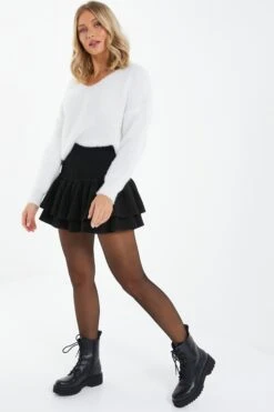 Black Ruched Frill Mini Skirt 9 Black Ruched Frill Mini Skirt -Women Clothing Sales Store 00100037833 XS