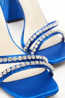 Wide Fit Blue Satin Block Heeled Sandals -Women Clothing Sales Store 00100037838 ZB