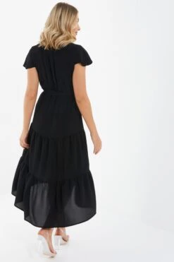 Black Tiered Dip Hem Midi Dress -Women Clothing Sales Store 00100037866 XB