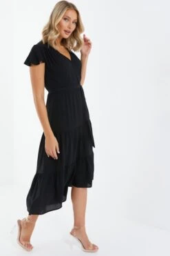 Black Tiered Dip Hem Midi Dress -Women Clothing Sales Store 00100037866 XS