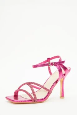 Pink Diamante Strappy Heeled Sandals -Women Clothing Sales Store 00100037985 XB