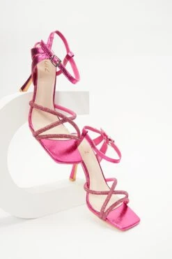 Pink Diamante Strappy Heeled Sandals -Women Clothing Sales Store 00100037985 XS