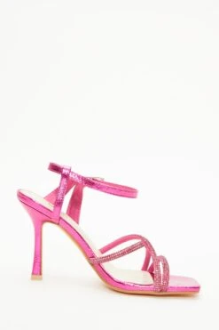 Pink Diamante Strappy Heeled Sandals -Women Clothing Sales Store 00100037985 ZS