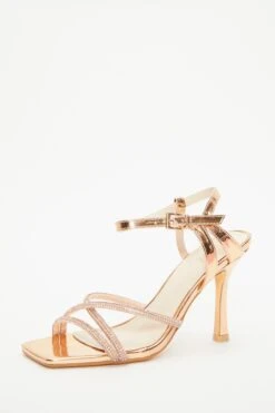 Rose Gold Diamante Strappy Heeled Sandals -Women Clothing Sales Store 00100038026 XB
