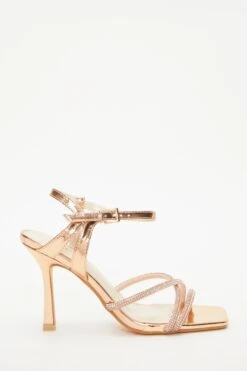 Rose Gold Diamante Strappy Heeled Sandals -Women Clothing Sales Store 00100038026 XM
