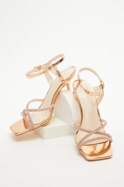 Rose Gold Diamante Strappy Heeled Sandals -Women Clothing Sales Store 00100038026 XS