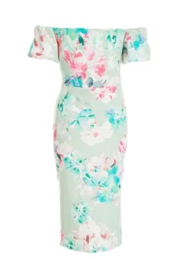 Light Green Floral Ruched Bardot Midi Dress -Women Clothing Sales Store 00100038046 ZB