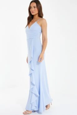 Light Blue Embellished Frill Maxi Dress -Women Clothing Sales Store 00100038071 XS
