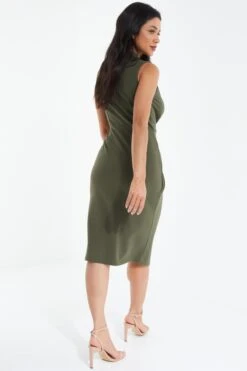 Khaki Wrap Sleeveless Midi Dress -Women Clothing Sales Store 00100038089 XB