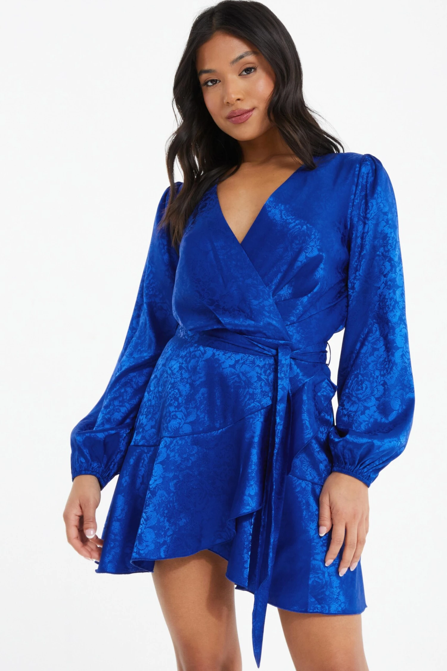 Petite Royal Blue Satin Jacquard Floral Mini Dress 2 Petite Royal Blue Satin Jacquard Floral Mini Dress - Image 2