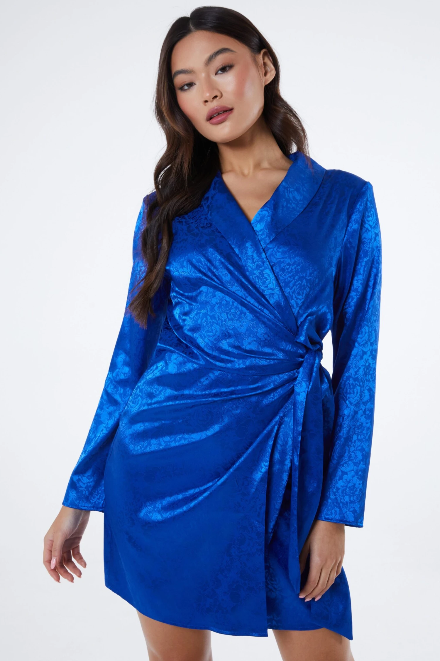 Royal Blue Satin Jacquard Mini Dress 2 Royal Blue Satin Jacquard Mini Dress - Image 2