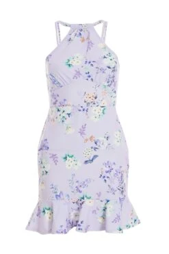 Petite Lilac Floral Halter Neck Bodycon Mini Dress