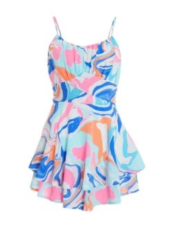 Petite Multicolored Marble Print Tie Back Playsuit