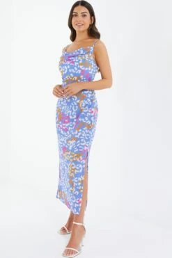 Petite Blue Animal Print Split Midaxi Dress -Women Clothing Sales Store 00100038275 XS