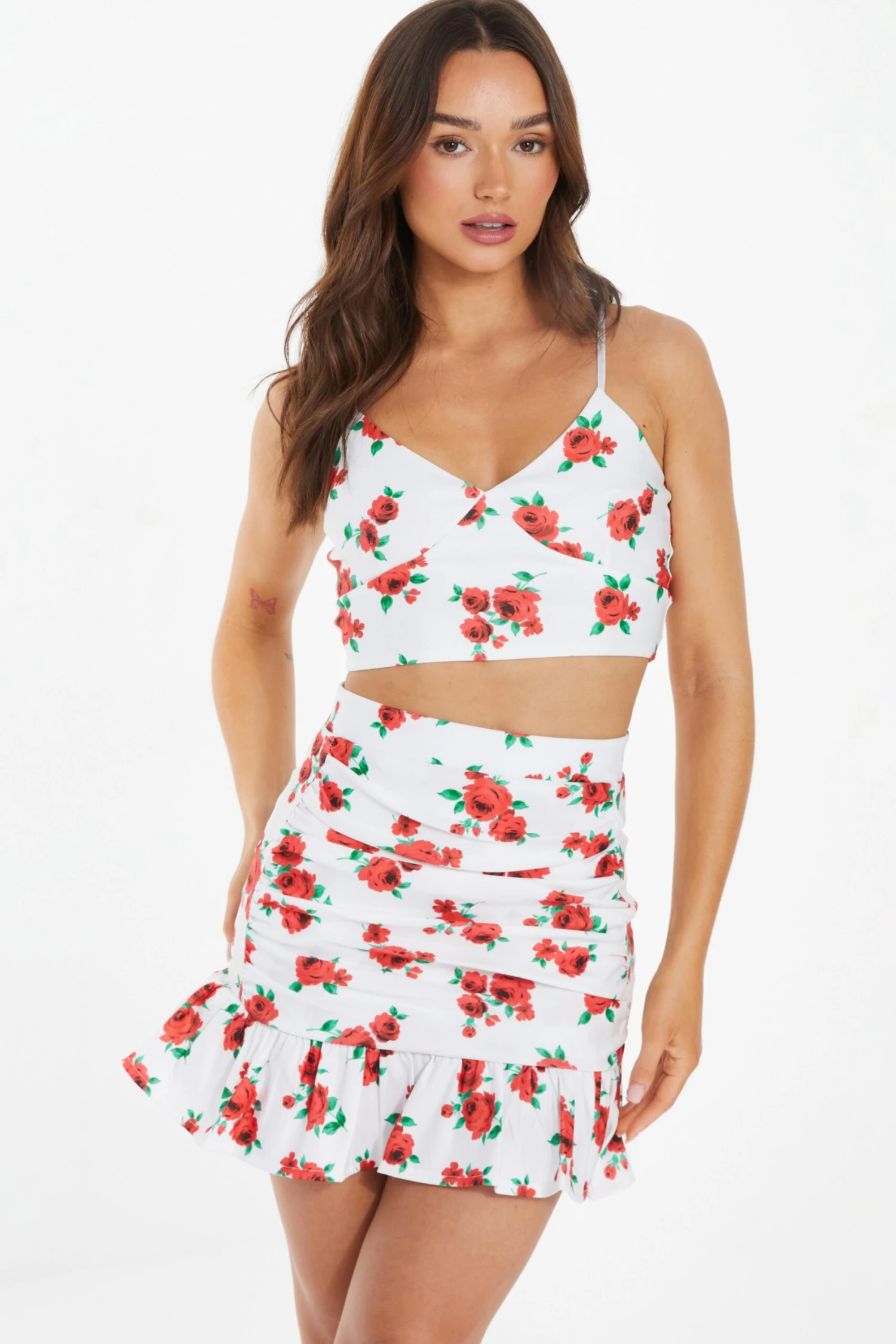White Floral Ruched Mini Skirt 2 White Floral Ruched Mini Skirt - Image 2