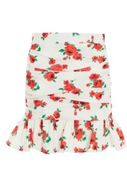 White Floral Ruched Mini Skirt